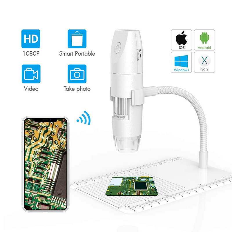 WiFi-mikroskooppi 50X - 1000X langaton digitaalinen mikroskooppi, joustava varren tarkkailuteline 1080P HD 2.0 MP 8 LED -kameralla, mini-käsimikroskooppi Android iOS PC: lle
